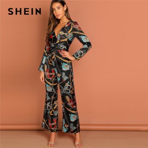 Multicolor Waist Knot Chain Print V-Neck Jumpsuit Going Out Elegant Office Lady Long Sleeve